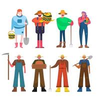 Bundle of 8 farmer family, 8 poses with gardening tools straw fork, shovels, scythe, crate, basket vector