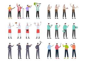 paquete de muchos conjuntos de personajes de carrera 6, 24 poses de diversas profesiones, estilos de vida vector