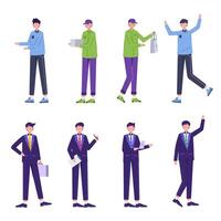 paquete de conjuntos de caracteres de hombre de negocios y entrega, 8 poses de diversas profesiones, estilos de vida, carrera vector