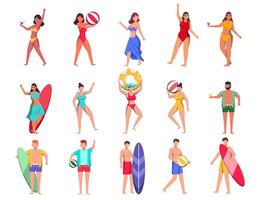 paquete de personajes femeninos 3 conjuntos, 15 poses de mujer en traje de baño con equipo vector