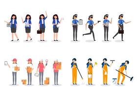 Bundle of 4 woman character sets, 16 poses of various professions, lifestyles vector