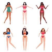 Bundle of woman character 1 sets, 6 poses of female in swimming suit with gear vector