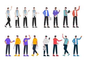 paquete de muchos conjuntos de personajes de carrera 4, 16 poses de diversas profesiones, estilos de vida, vector