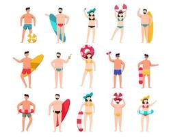 Bundle of man and woman character 3 sets, 15 poses of female in swimming suit with gear vector