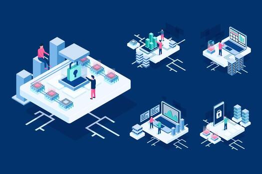 isometic security password data graphic design cartoon character vector