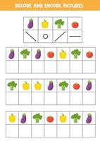 Decode and encode pictures. Write the symbols under pictures. vector