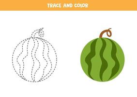 Trace and color cartoon watermelon. Worksheet for kids. vector