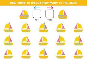 Left or right with cartoon yacht. Logical worksheet for preschoolers. vector