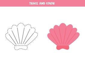 Trace and color cartoon pink seashell. Worksheet for kids. vector