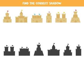 Find the correct shadows of summer sand castles. Logical puzzle for kids. vector