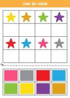 Sort pictures by color. Cartoon sea stars. Game for kids. Cut and glue. vector