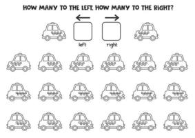 Left or right with black and white taxi cab. Logical worksheet for preschoolers. vector