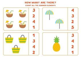 Counting game with cartoon summer elements. Math worksheet. vector