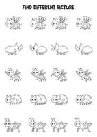 Find insect which is different from others. Black and white worksheet for kids. vector