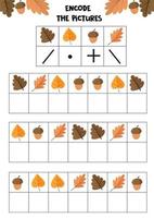 Educational worksheet for kids. Encode the pictures. Logic game for children. Autumn set. vector