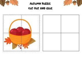 Educational game for children. Autumn worksheet. Puzzle for kids. Cut out and glue. Basket with apples. vector