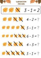 Educational worksheet for preschool kids. Subtraction for kids. Autumn set vector