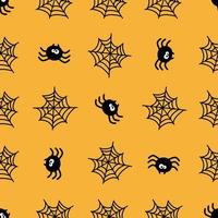 Halloween seamless pattern. Spider and web in yellow background. vector