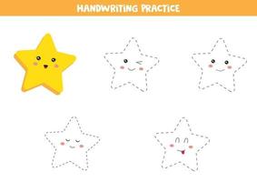 Handwriting practice for kids. Preschool worksheet. Smiling stars. Set of kawaii stars. Educational worksheet for kids. Games for kids. Printable pages for preschool children. vector