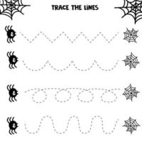 Educational worksheet for kids. Handwriting practice. Spider and his web. Trace the lines. Printable for halloween. vector