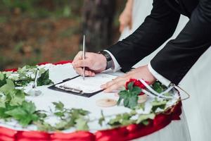 wedding ceremony in the woods among the trees on the green track photo