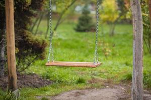 An old wooden swing sitting in a lush backyard. photo