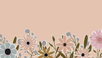 telón de fondo horizontal decorado con flores en flor y borde de hojas. vector de fondo de naturaleza de arte abstracto. marco de plantas de moda. jardín de flores. diseño de patrón floral botánico para banner de venta de verano