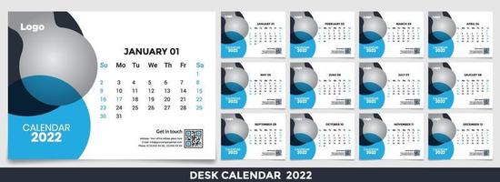 calendario 2022, establezca el diseño de la plantilla de calendario de escritorio con lugar para la foto y el logotipo de la empresa. la semana del lunes al domingo. conjunto de 12 meses vector