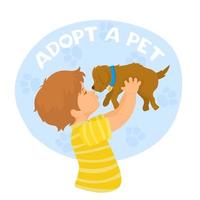Adopt a dog concept, boy holding a puppy vector
