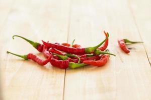Red hot chili peppers on wooden background. Spicy chilli peppers photo