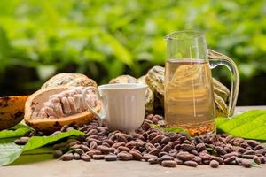 Raw Cocoa beans and cocoa pod on a wooden surface photo