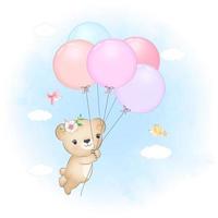 Cute Little Bear with balloons and birds on the sk vector