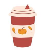 Mug of pumpkin coffee. Tasty pumpkin spice latte. Delicious seasonal hot drink. Paper cup of coffee to go. Autumn mood. Vector illustration on white background.