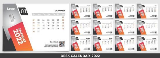 calendario 2022, establezca el diseño de la plantilla de calendario de escritorio con lugar para la foto y el logotipo de la empresa. la semana del lunes al domingo. conjunto de 12 meses vector