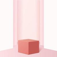 minimal scene with geometrical forms. Cylinder podiums in soft pink background with paper leaves on column. Scene to show cosmetic product, Showcase, shopfront, display case. 3d vector illustration.