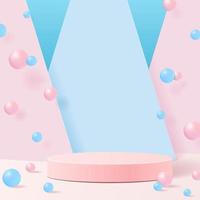 minimal scene with geometrical forms. Cylinder podiums in soft pink background with paper leaves on column. Scene to show cosmetic product, Showcase, shopfront, display case. 3d vector illustration.