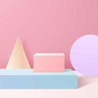 minimal scene with geometrical forms. Cylinder podiums in soft pink background with paper leaves on column. Scene to show cosmetic product, Showcase, shopfront, display case. 3d vector illustration.