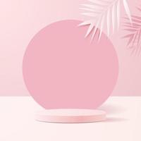 Escena mínima con formas geométricas. podios cilíndricos en fondo rosa suave con hojas de papel en la columna. escena para mostrar producto cosmético, escaparate, escaparate, vitrina. Ilustración de vector 3D.