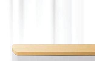 mesa superior de madera mínima vacía, podio de madera en fondo blanco. Presentación del producto enemigo, maqueta, exhibición de productos cosméticos, podio, pedestal o plataforma de escenario. Vector 3d