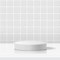 minimal scene with geometric forms. cylinder white podium in white rectangle ceramic tile wall background. vector