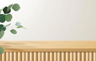 mesa superior de madera mínima vacía, podio de madera en fondo blanco con hojas verdes. para presentación de productos, simulacros, exhibición de productos cosméticos, podio, pedestal de escenario o plataforma. Vector 3d
