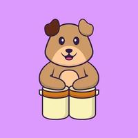 Cute dog is playing drums. Animal cartoon concept isolated. Can used for t-shirt, greeting card, invitation card or mascot. Flat Cartoon Style vector