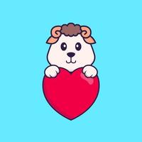 Cute sheep holding a big red heart. Animal cartoon concept isolated. Can used for t-shirt, greeting card, invitation card or mascot. Flat Cartoon Style vector