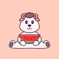 Cute sheep eating watermelon. Animal cartoon concept isolated. Can used for t-shirt, greeting card, invitation card or mascot. Flat Cartoon Style vector