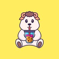 Cute sheep Drinking Boba milk tea. Animal cartoon concept isolated. Can used for t-shirt, greeting card, invitation card or mascot. Flat Cartoon Style vector