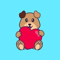 Cute dog holding a big red heart. Animal cartoon concept isolated. Can used for t-shirt, greeting card, invitation card or mascot. Flat Cartoon Style vector