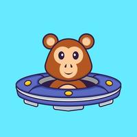 Cute monkey Driving Spaceship Ufo. Animal cartoon concept isolated. Can used for t-shirt, greeting card, invitation card or mascot. Flat Cartoon Style vector