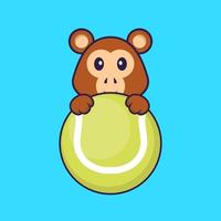 Cute monkey playing tennis. Animal cartoon concept isolated. Can used for t-shirt, greeting card, invitation card or mascot. Flat Cartoon Style vector