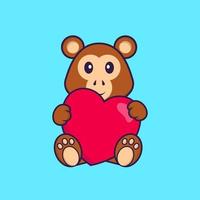 Cute monkey holding a big red heart. Animal cartoon concept isolated. Can used for t-shirt, greeting card, invitation card or mascot. Flat Cartoon Style vector