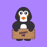 lindo pingüino sosteniendo un cartel adopteme. aislado concepto de dibujos animados de animales. Puede utilizarse para camiseta, tarjeta de felicitación, tarjeta de invitación o mascota. estilo de dibujos animados plana vector